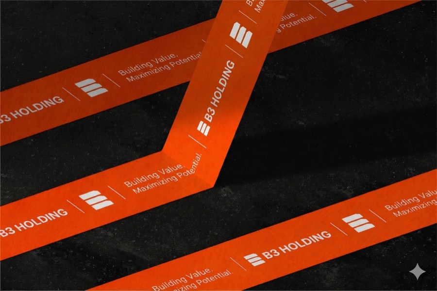 B3 Holding brand ribbon artwork in orange on black