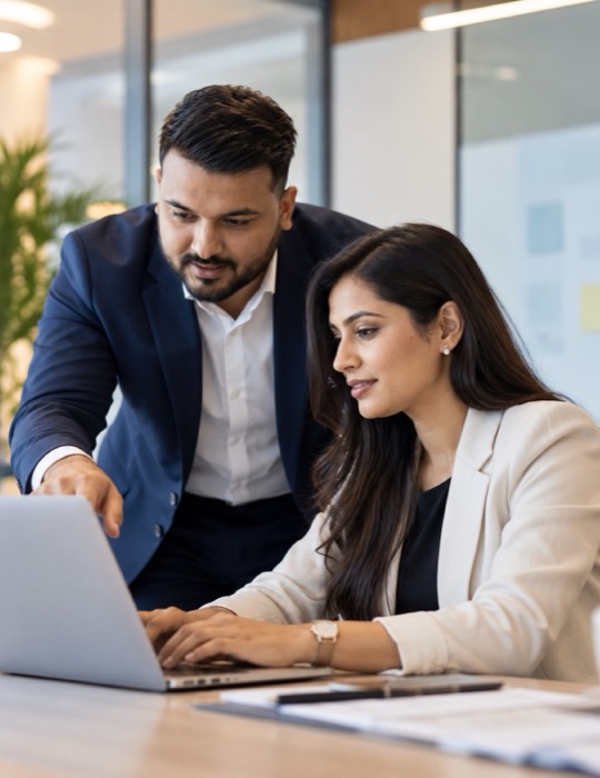 Two colleagues reviewing work on a laptop